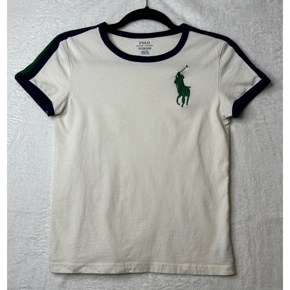 Polo Ralph Lauren Women's White Ringer T-Shirt Big Pony Navy Green Size S